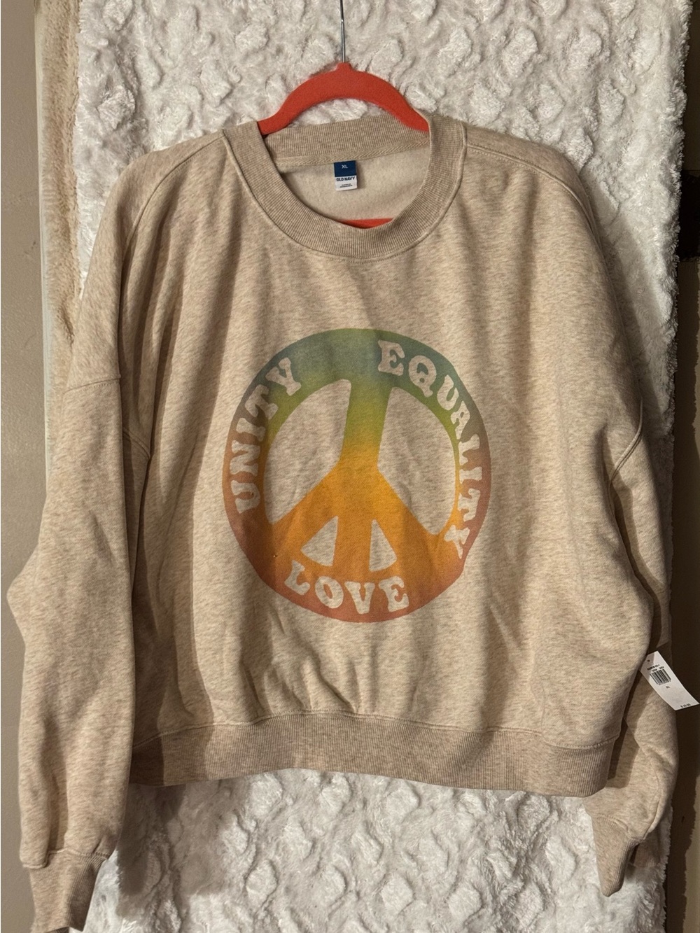 Old Navy Beige Crewneck Sweatshirt with Multicolor Peace Graphic